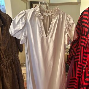 Ruffle Neck Puff Sleeve Shift Dress - Light Blush